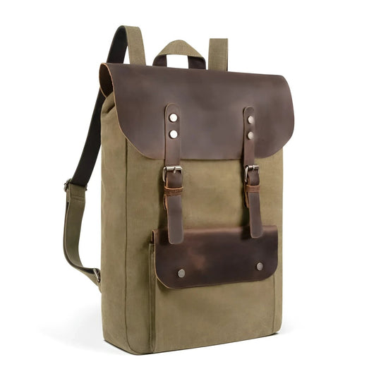 Stylish vintage leather/canvas backpack with brown accents, perfect for everyday adventures.