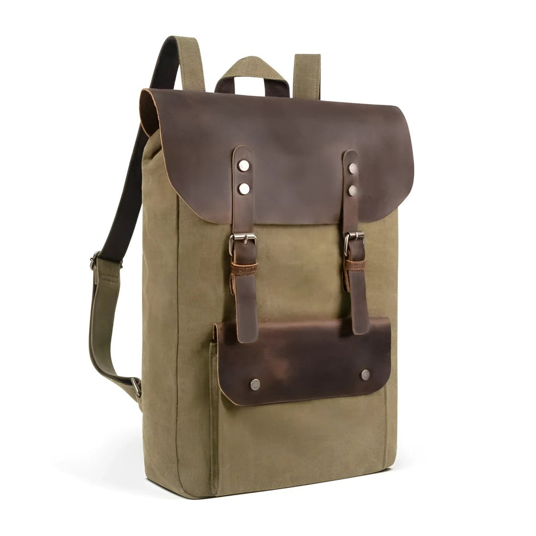 Stylish vintage leather/canvas backpack featuring a durable design and beautiful detailing for everyday adventures.
