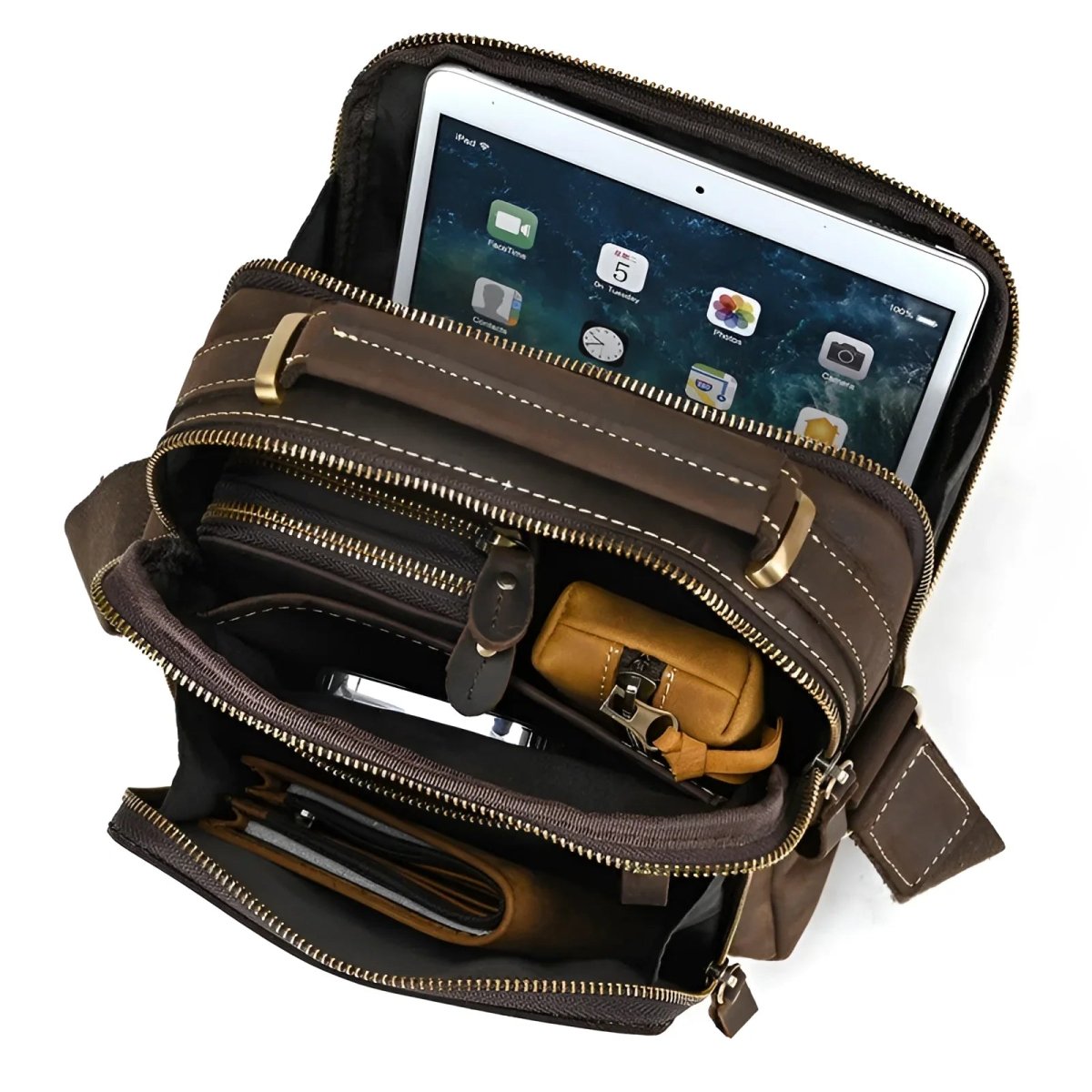 Stylishly organized, The tablet satchel features a spacious interior for devices and essentials, perfect for everyday use.