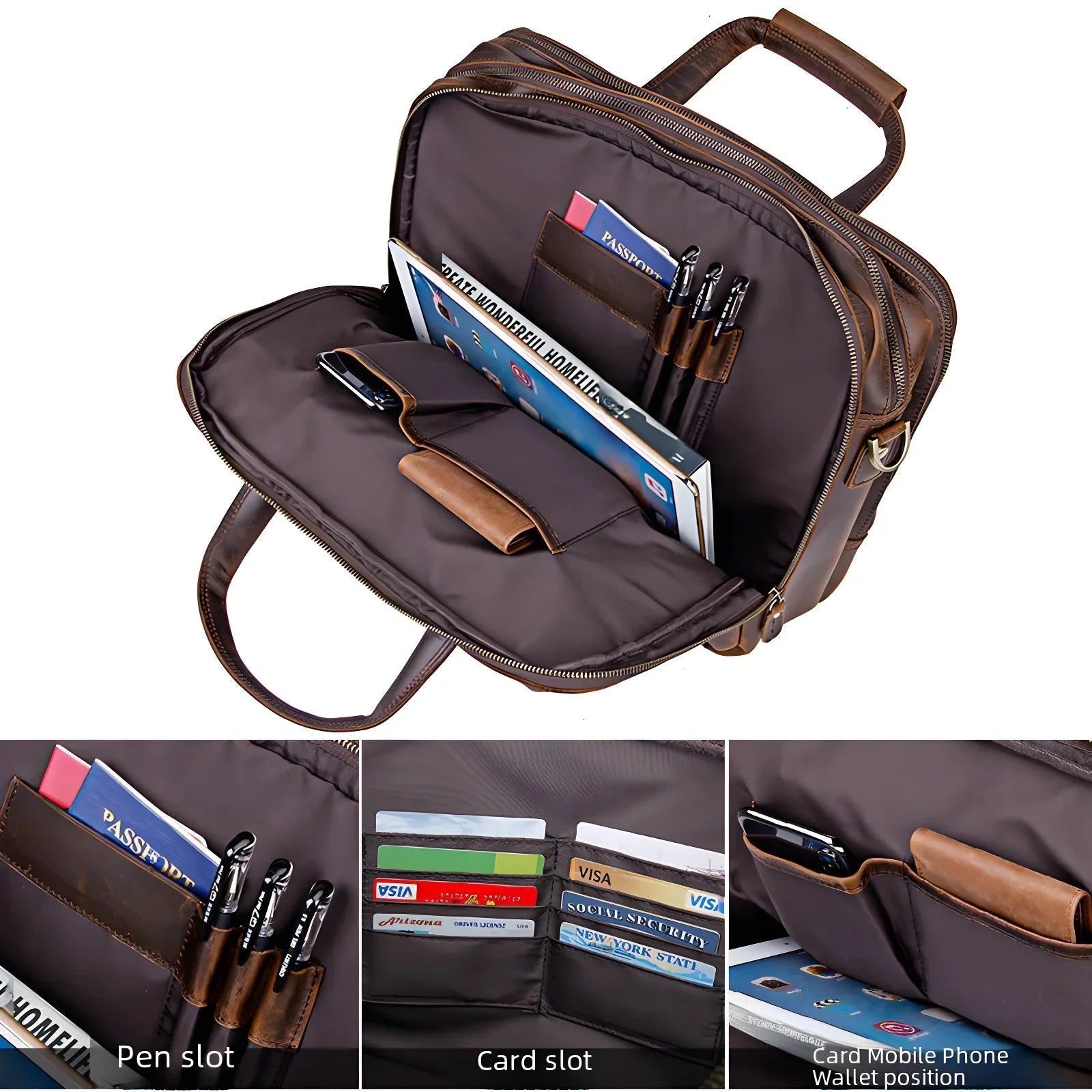 Stylish and durable, the Crazy horse leather computer bag features multiple slots for convenience and organization.