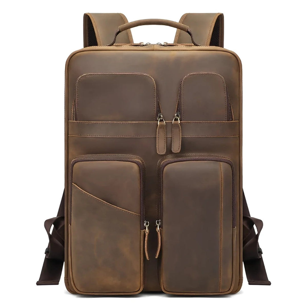 Stylish vintage leather backpack with multiple pockets, perfect for travel or daily use from your favorite store.