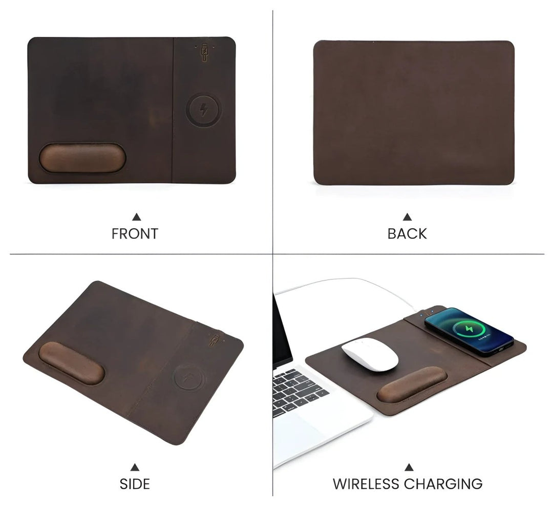 Stylish Leather 15W Wireless Charging Mouse Pad with sleek design, perfect for enhancing your workspace.