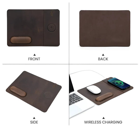 Stylish Leather 15W Wireless Charging Mouse Pad with sleek design, perfect for enhancing your workspace.