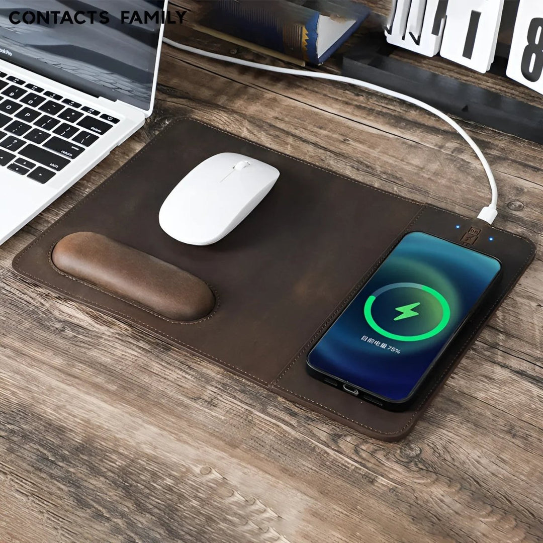 Stylish Leather 15W Wireless Charging Mouse Pad with a sleek design, perfect for any workspace by Contacts Family.