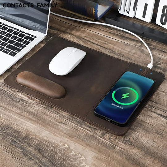 Stylish Leather 15W Wireless Charging Mouse Pad with a sleek design, perfect for any workspace by Contacts Family.