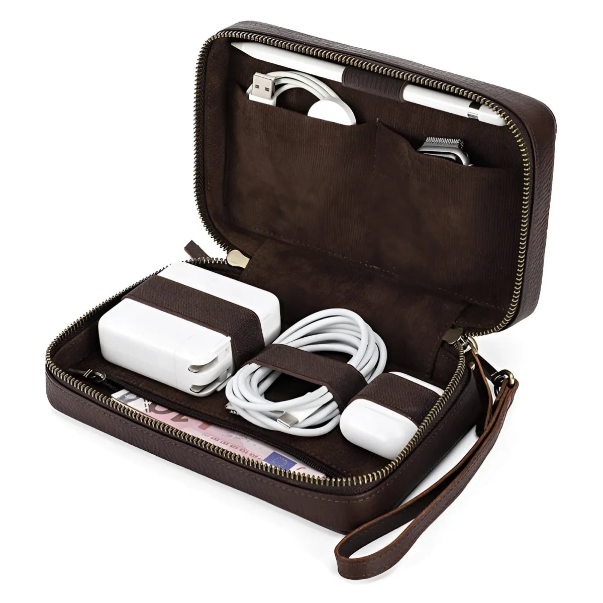 Travel cable organizer with compartments for chargers and cables, perfect for travel convenience and organization.