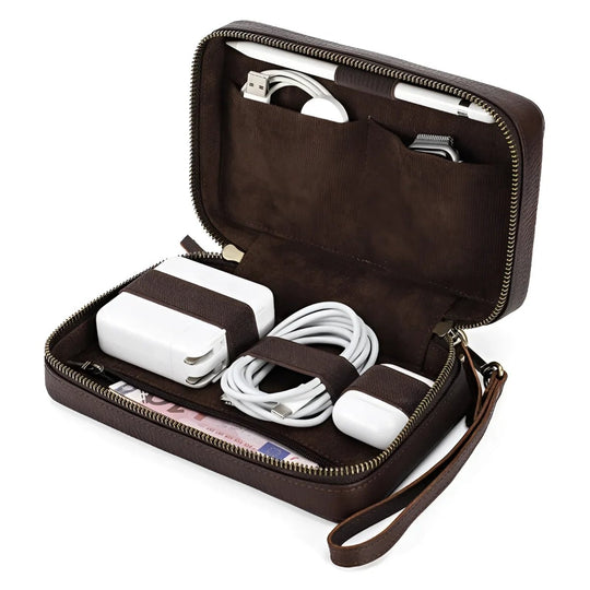 Travel cable organizer with compartments for chargers and cables, perfect for travel convenience and organization.