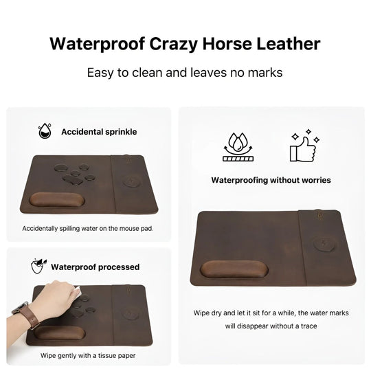 Elegant Leather 15W Wireless Charging Mouse Pad showcases waterproof design for easy cleaning and convenience.