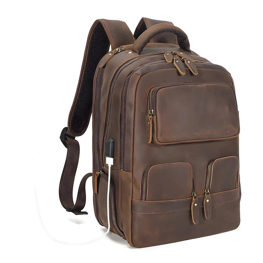 Stylish leather backpack featuring multiple pockets and a charging port, perfect for everyday use.