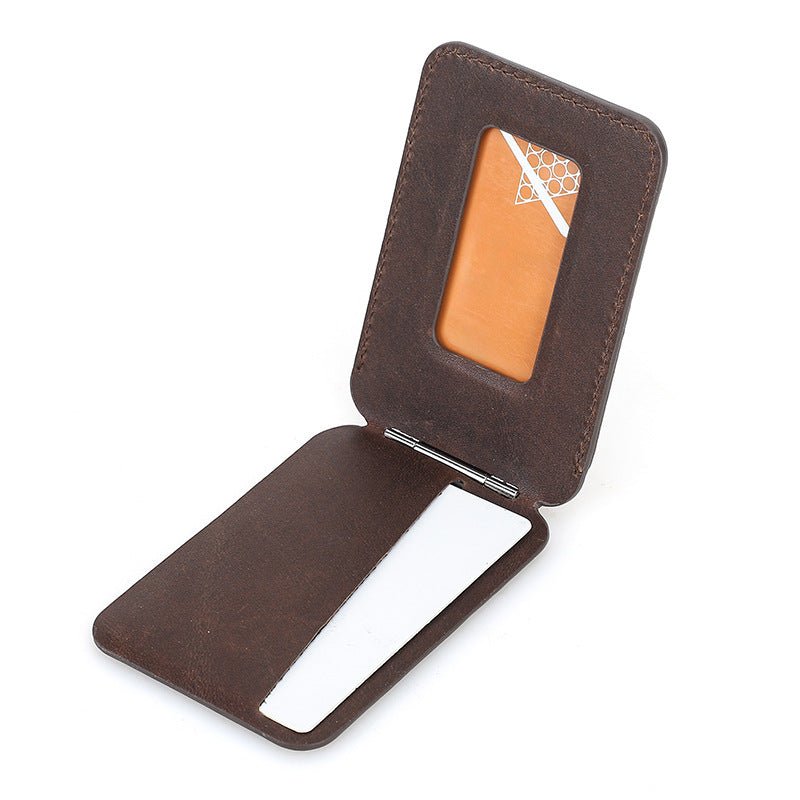 The Valenfold Leather MagSafe Wallet features a sleek design with card slots and a clear ID window.