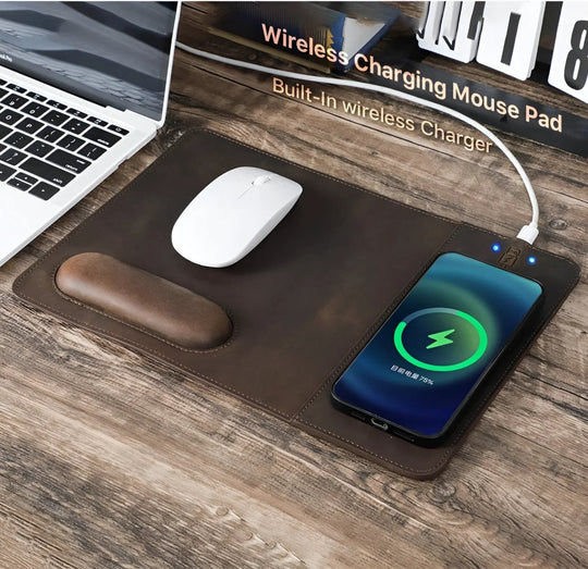 Stylish Leather 15W Wireless Charging Mouse Pad with built-in charger for seamless productivity and elegance.