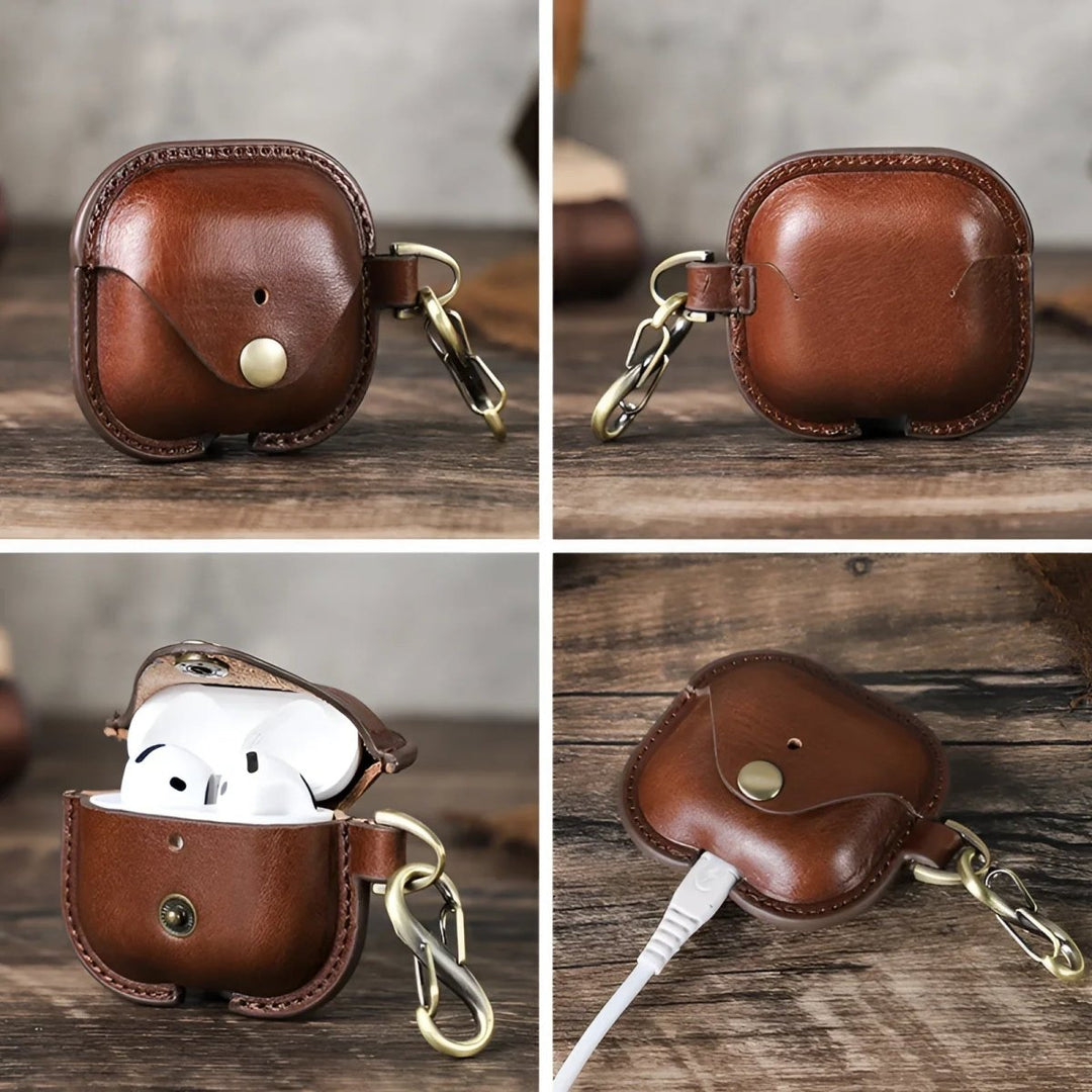 Stylish Airpods 4 leather case showcasing a rich brown finish and secure clasp for protection and convenience.