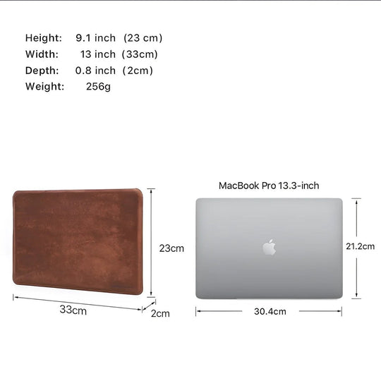 Sleek genuine leather sleeve 13" designed for MacBook Pro, offering stylish protection and durability.