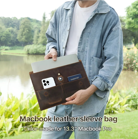 Stylish leather sleeve macbook pro 13.3" protecting devices while offering extra storage for essentials.