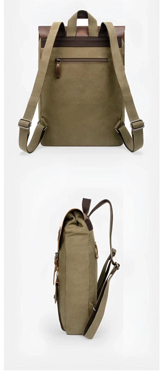 Stylish vintage leather/canvas backpack in olive green, perfect for daily use or travel adventures.