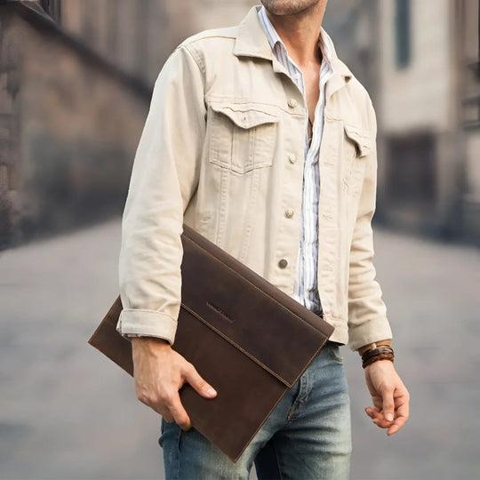 Stylish Sleeve MacBook Air 15 held by a man, perfect for protecting your laptop on the go.