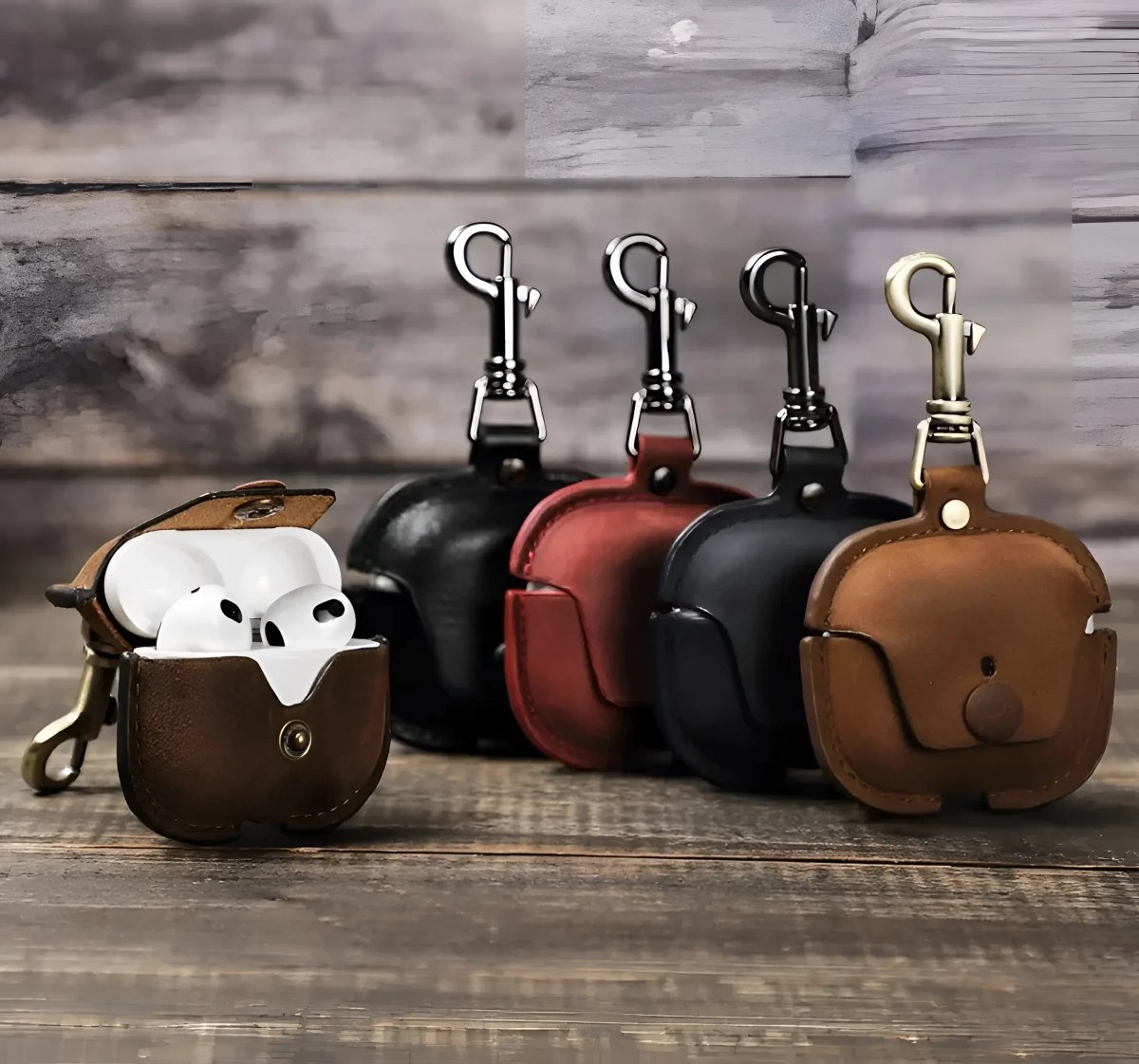 Stylish Airpods 3 leather case in brown, black, and red, perfect for protecting your earbuds by Contacts Family.