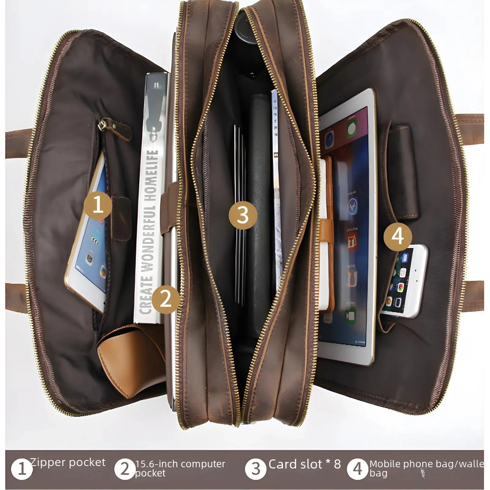 Stylish Crazy horse leather computer bag features multiple pockets for organization and rugged durability. Perfect for professionals.