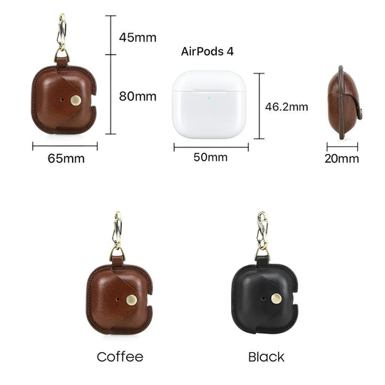 Stylish Airpods 4 leather case in coffee and black, showcasing a secure design with a convenient clip.