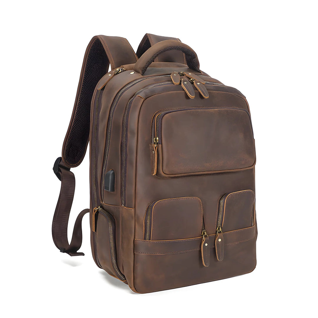 Stylish leather backpack featuring multiple pockets for organization, perfect for everyday use.