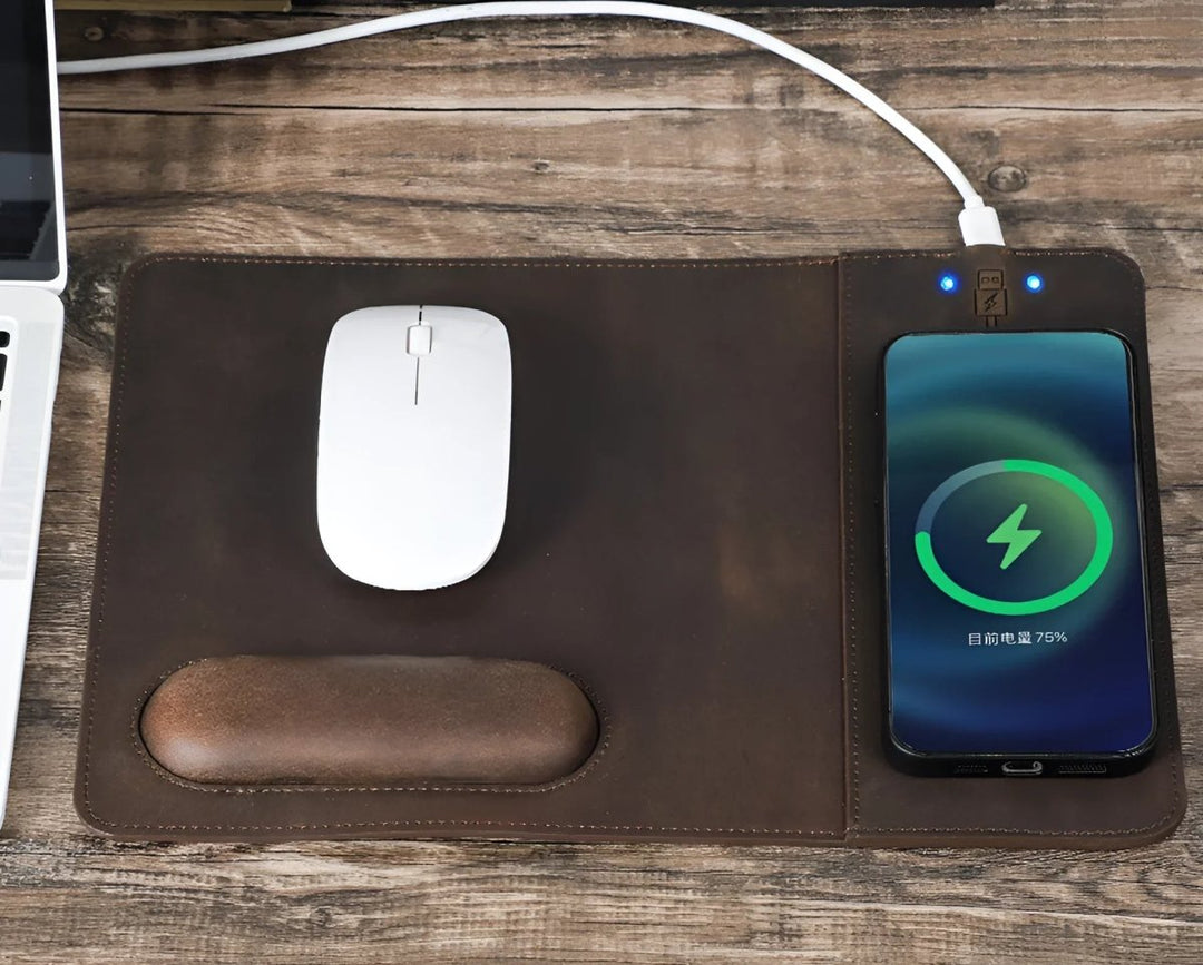 Elegant Leather 15W Wireless Charging Mouse Pad with fast charging for your devices, perfect for any workspace.