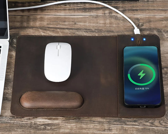 Elegant Leather 15W Wireless Charging Mouse Pad with fast charging for your devices, perfect for any workspace.
